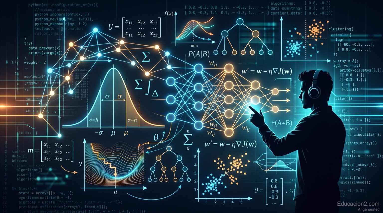 Mathematical formulas and statistics symbols representing the foundations of AI engineering