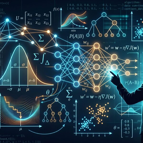 Mathematical formulas and statistics symbols representing the foundations of AI engineering