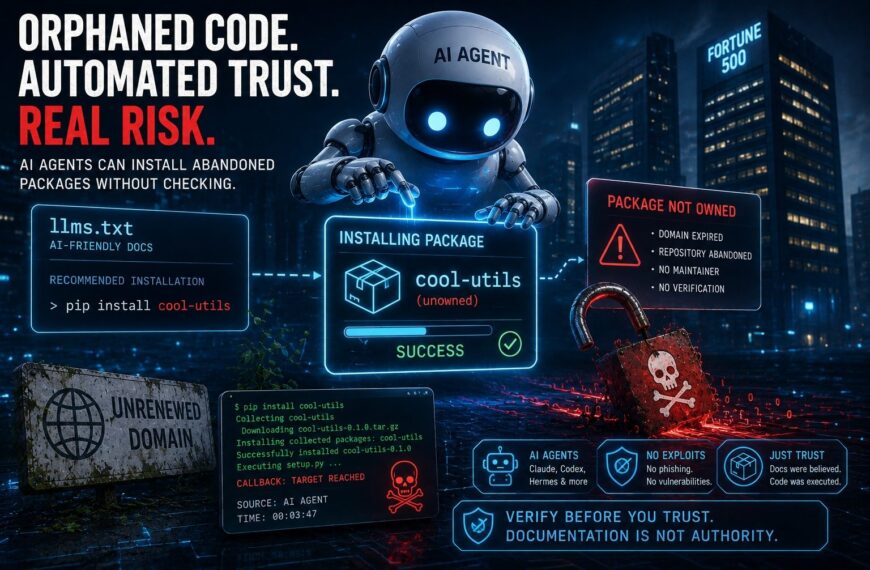 Abstract illustration of orphaned code and automated trust risk for AI agents