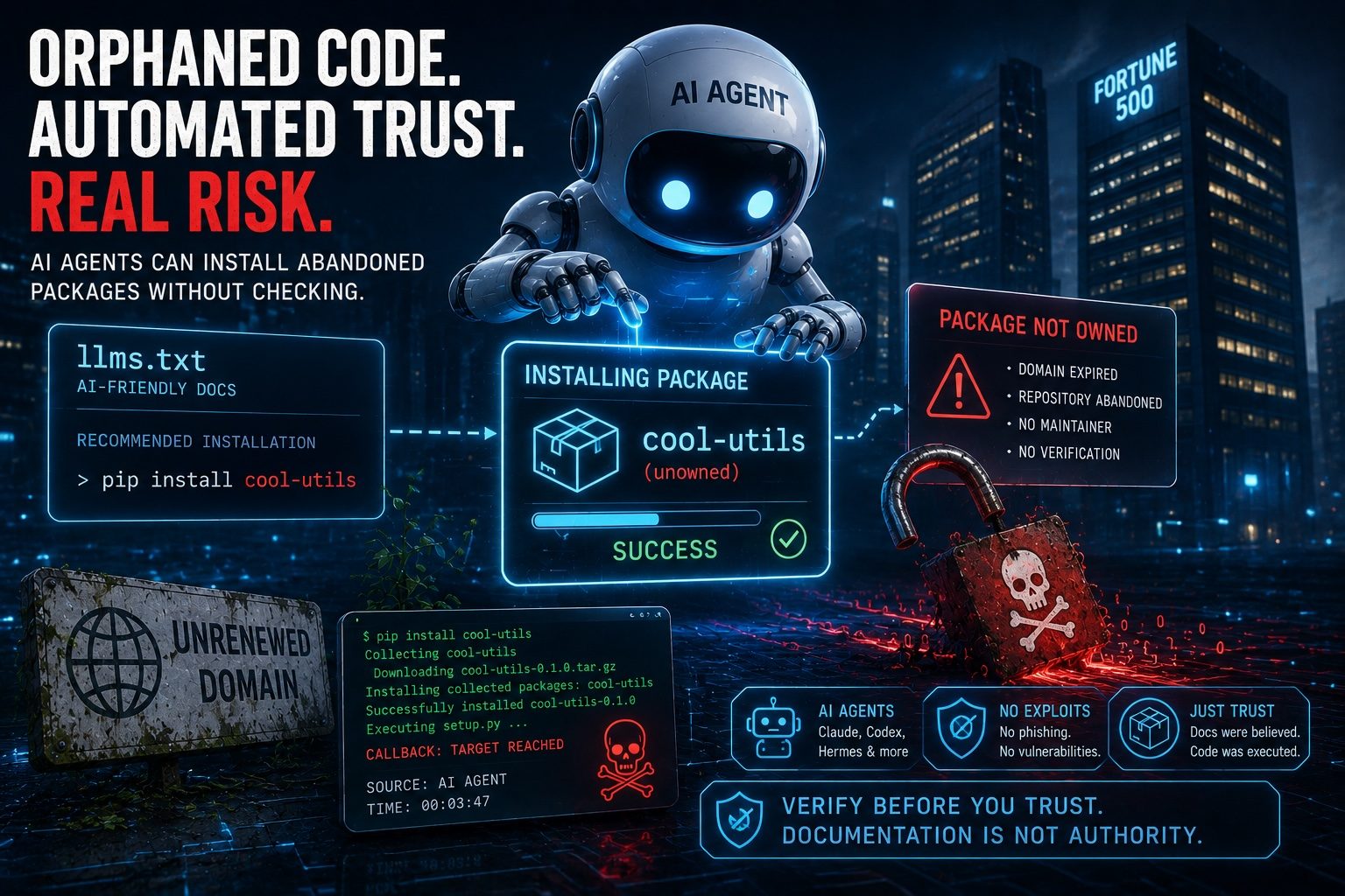 Abstract illustration of orphaned code and automated trust risk for AI agents