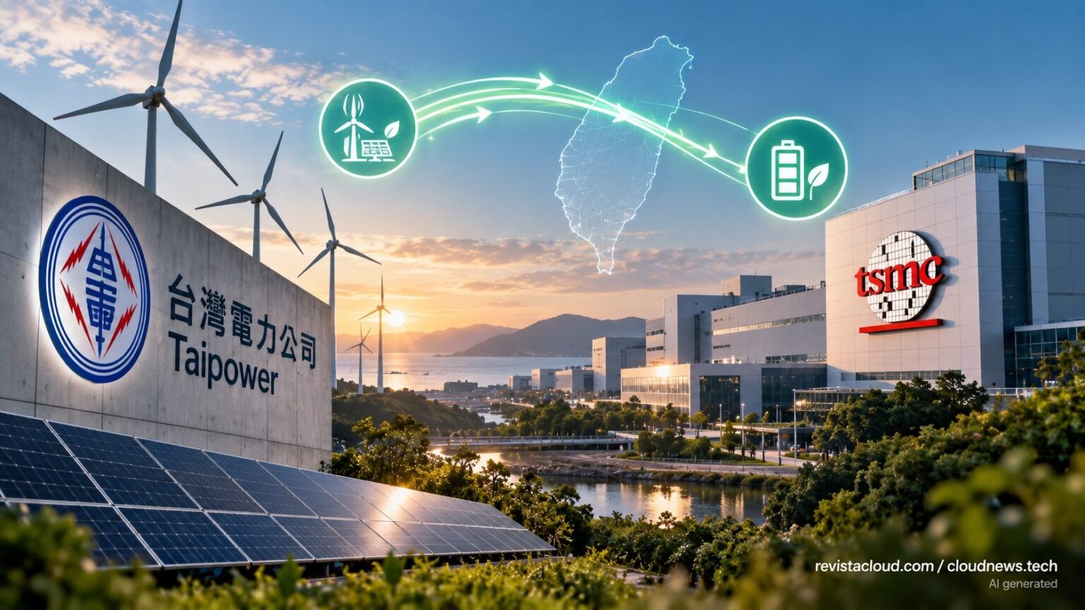 Wind turbines and power grid illustrating Taipower's renewable energy allocation system for TSMC