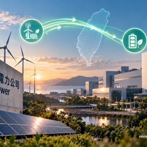 Wind turbines and power grid illustrating Taipower's renewable energy allocation system for TSMC
