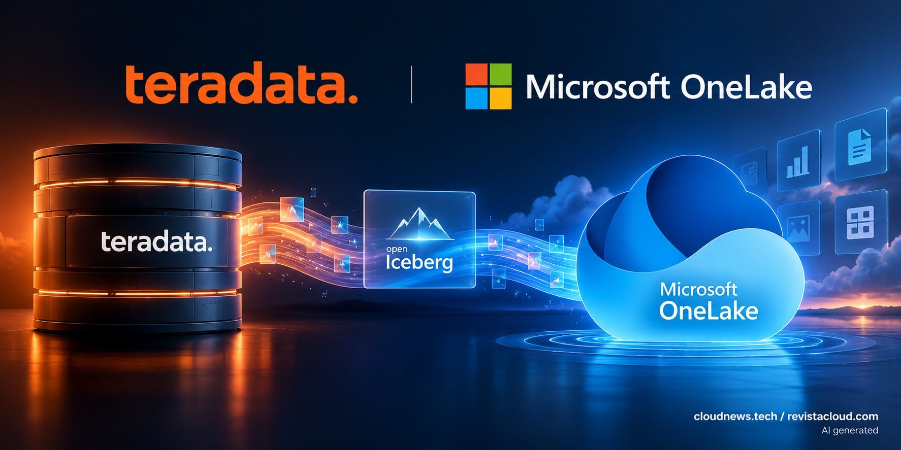 Illustration representing Teradata's integration with Microsoft OneLake for AI data analytics