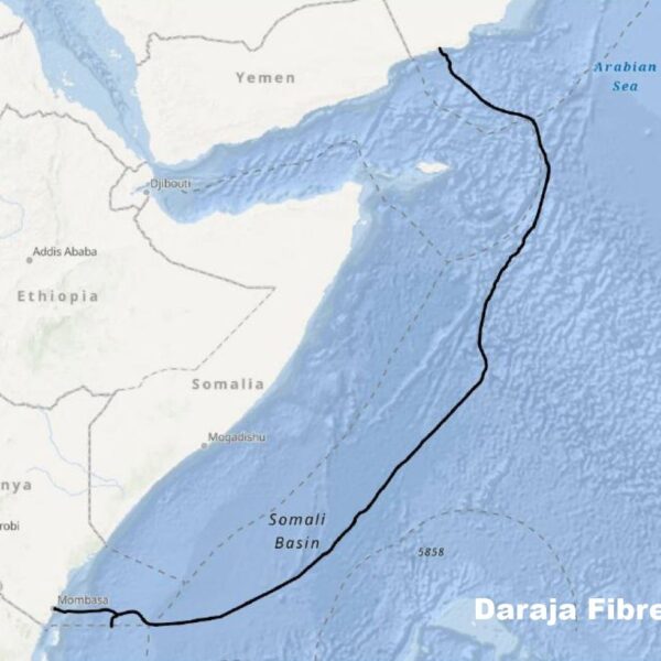 Map illustrating the Daraja submarine fiber-optic cable connecting Mombasa, Kenya, with Salalah, Oman