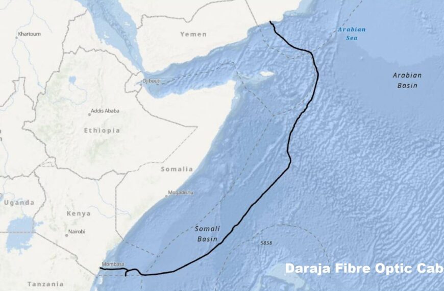 Map illustrating the Daraja submarine fiber-optic cable connecting Mombasa, Kenya, with Salalah, Oman