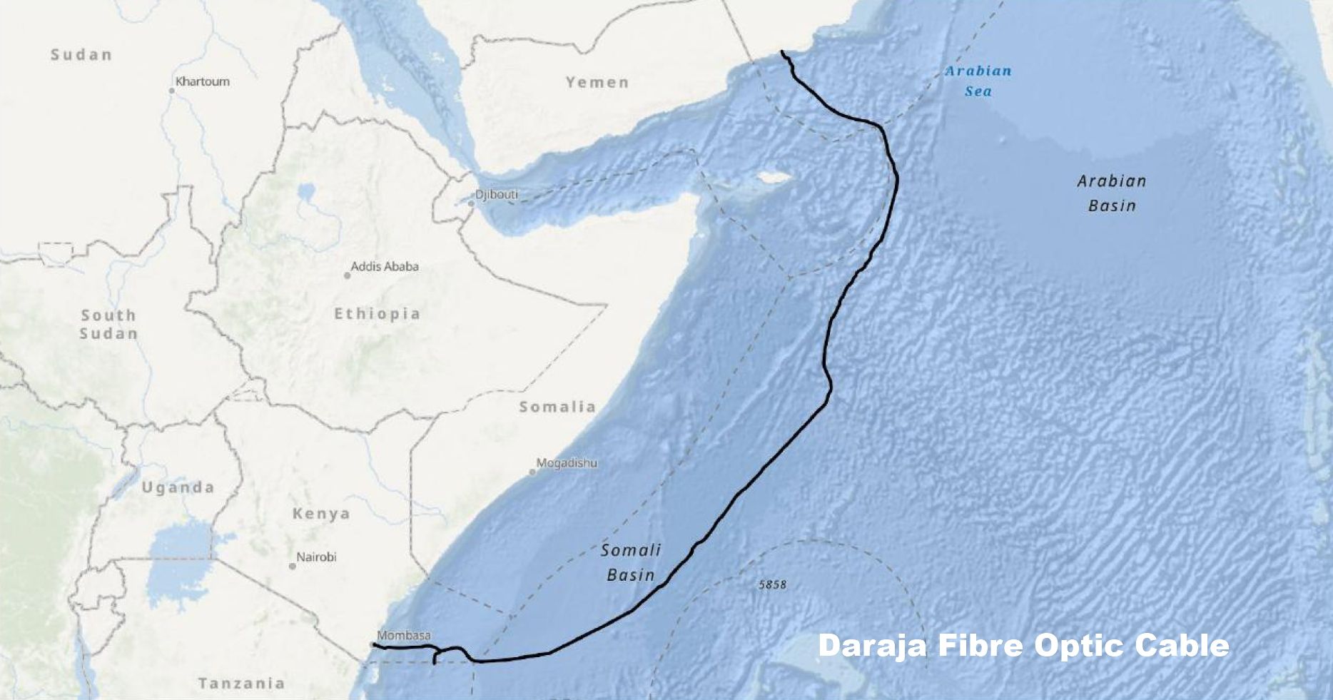 Map illustrating the Daraja submarine fiber-optic cable connecting Mombasa, Kenya, with Salalah, Oman