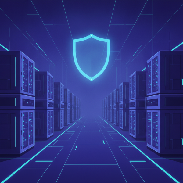 Editorial illustration of server racks in a cloud data center with a glowing shield icon