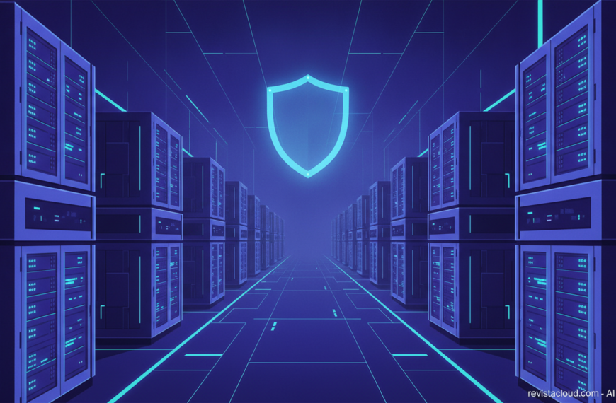 Editorial illustration of server racks in a cloud data center with a glowing shield icon