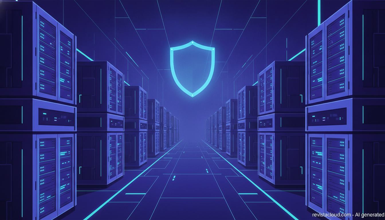 Editorial illustration of server racks in a cloud data center with a glowing shield icon
