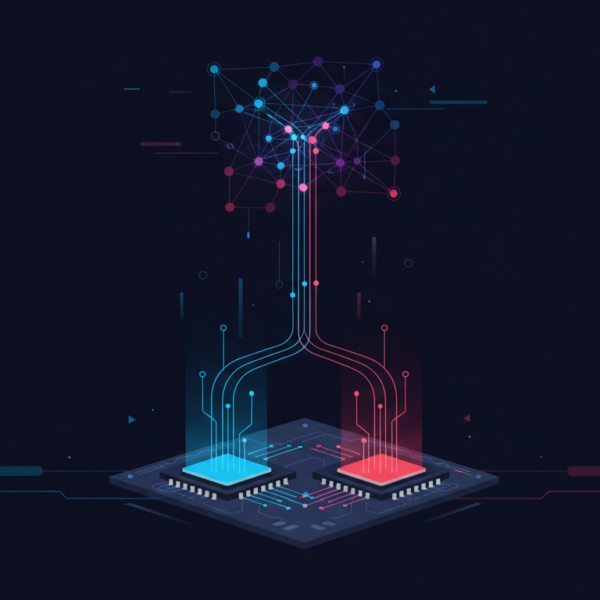Illustration of two x86 processors whose data flows converge into a single AI library