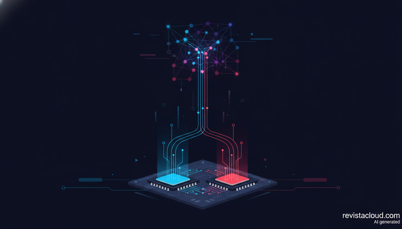 Illustration of two x86 processors whose data flows converge into a single AI library