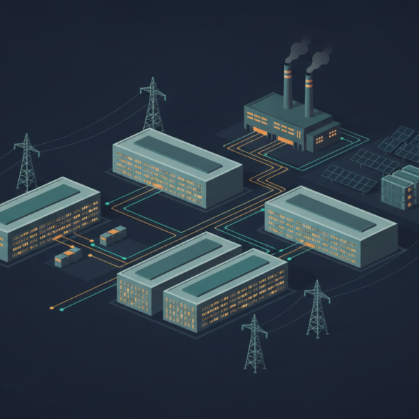 Illustration of a data center campus connected to power lines, solar panels, and batteries