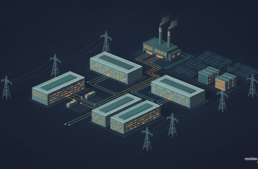 Illustration of a data center campus connected to power lines, solar panels, and batteries