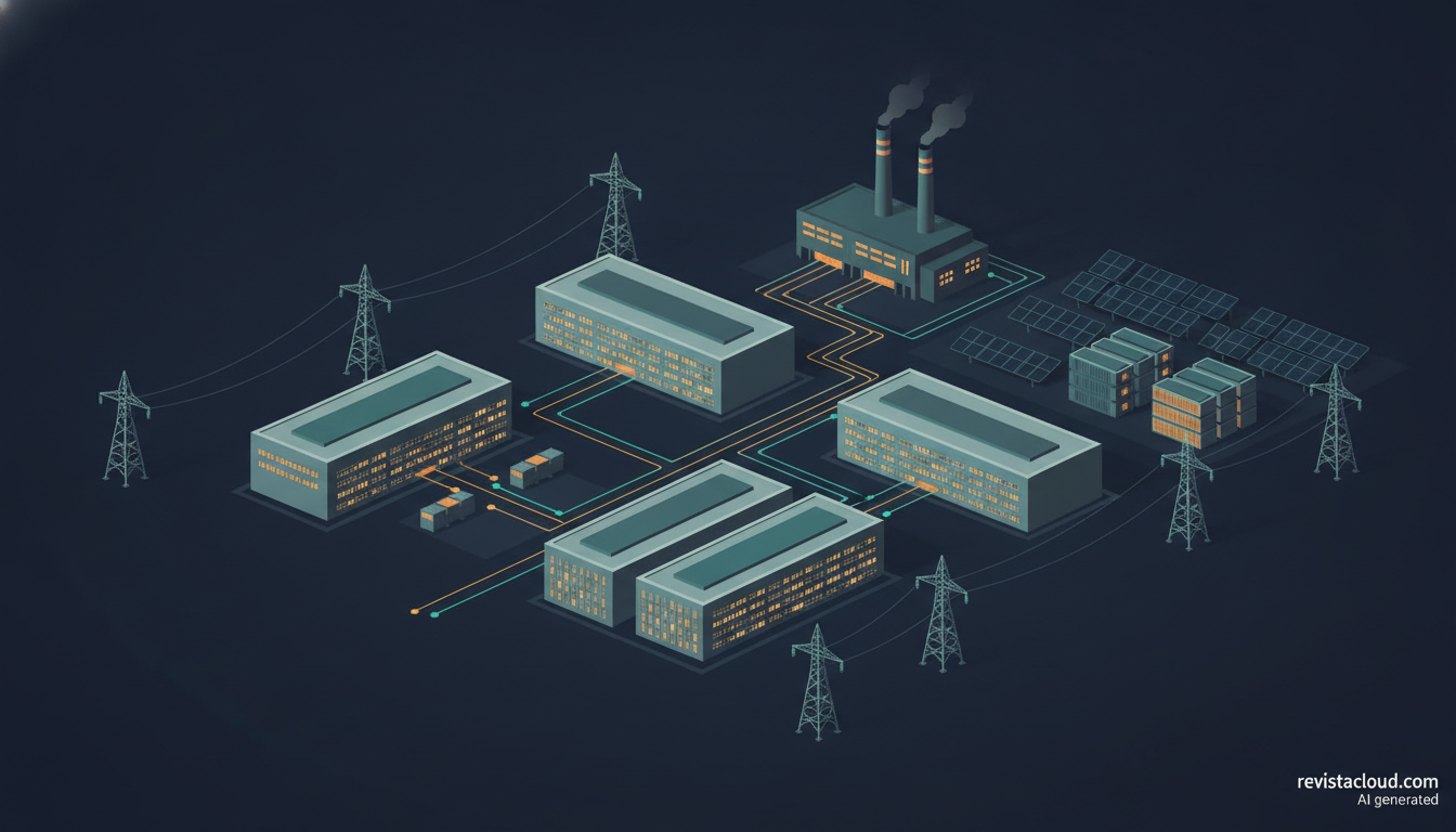 Illustration of a data center campus connected to power lines, solar panels, and batteries