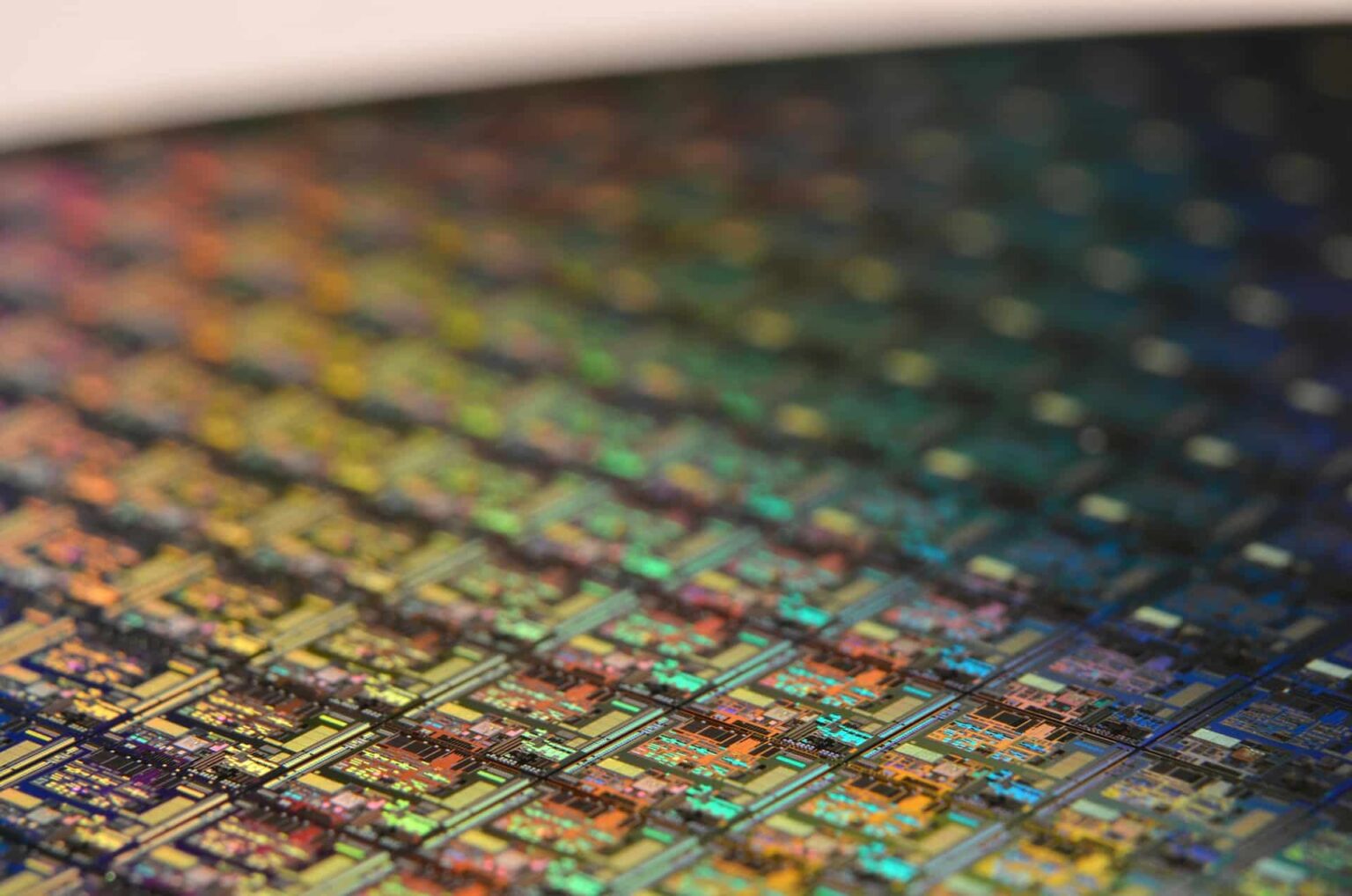 Close-up of semiconductor chips and transistors representing processor manufacturing