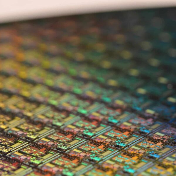 Close-up of semiconductor chips and transistors representing processor manufacturing