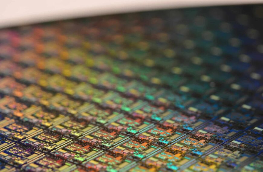 Close-up of semiconductor chips and transistors representing processor manufacturing