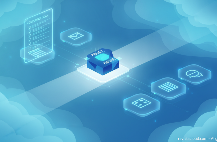 Editorial illustration of cloud SaaS applications being scanned by a compliance policy engine