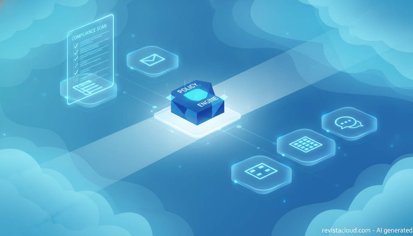 Editorial illustration of cloud SaaS applications being scanned by a compliance policy engine