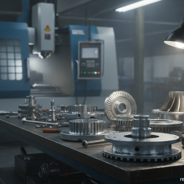 Precision machined metal aircraft engine parts on a factory workbench with a CNC machine in the background