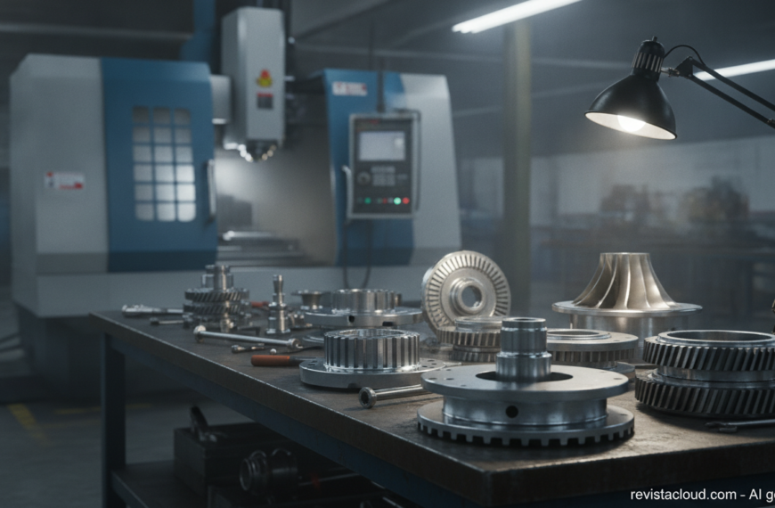 Precision machined metal aircraft engine parts on a factory workbench with a CNC machine in the background