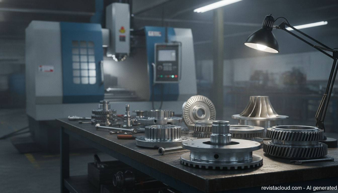 Precision machined metal aircraft engine parts on a factory workbench with a CNC machine in the background
