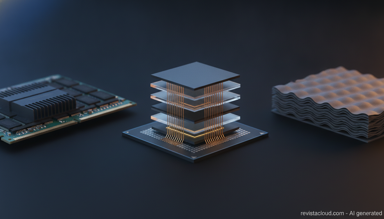 Memory evolution: DDR module, HBM stacked on the chip, and 3D NAND