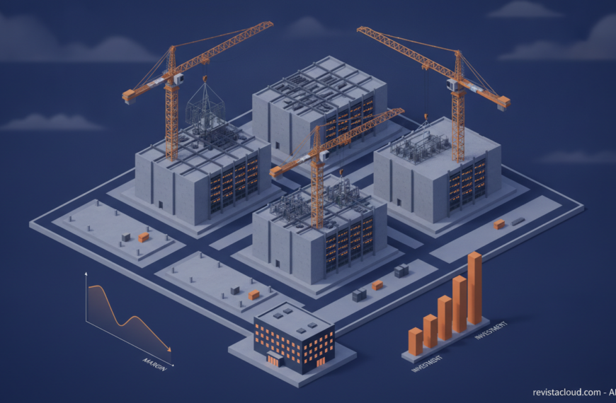 Editorial illustration of a data center under construction next to an office building with fewer lit windows