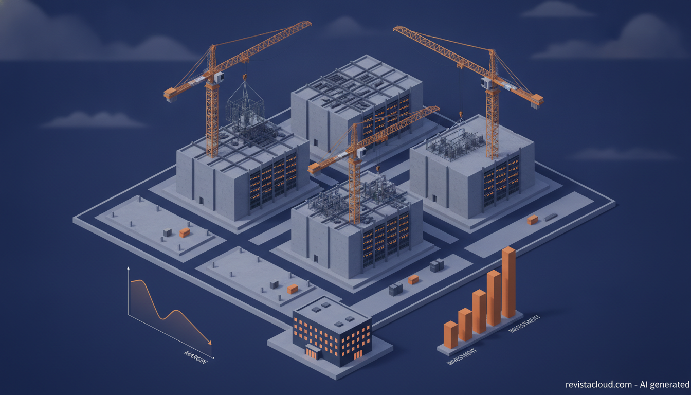 Editorial illustration of a data center under construction next to an office building with fewer lit windows