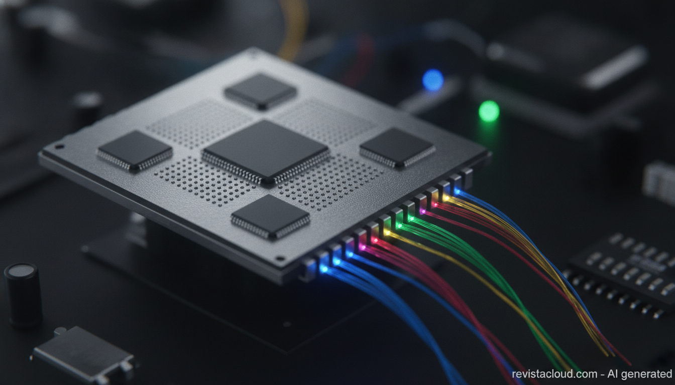 Chip package with silicon interposer and connected optical fibers