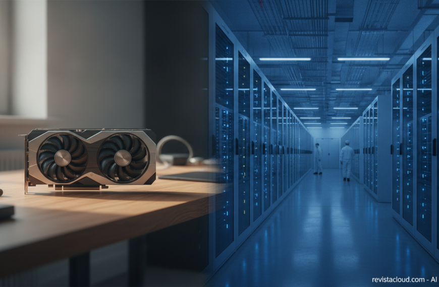 A graphics card on a table facing a cloud data center