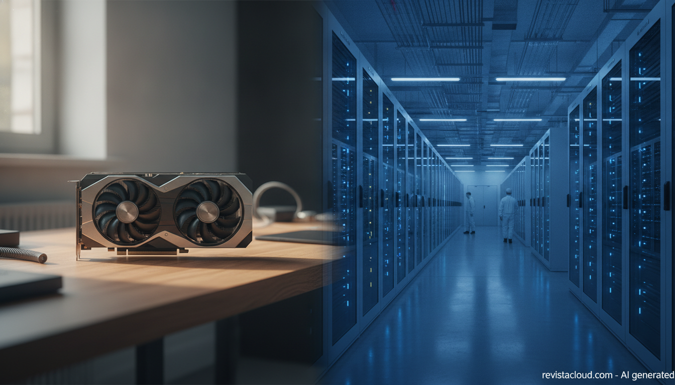 A graphics card on a table facing a cloud data center
