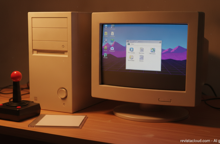 Beige 1990s desktop computer with CRT monitor and joystick