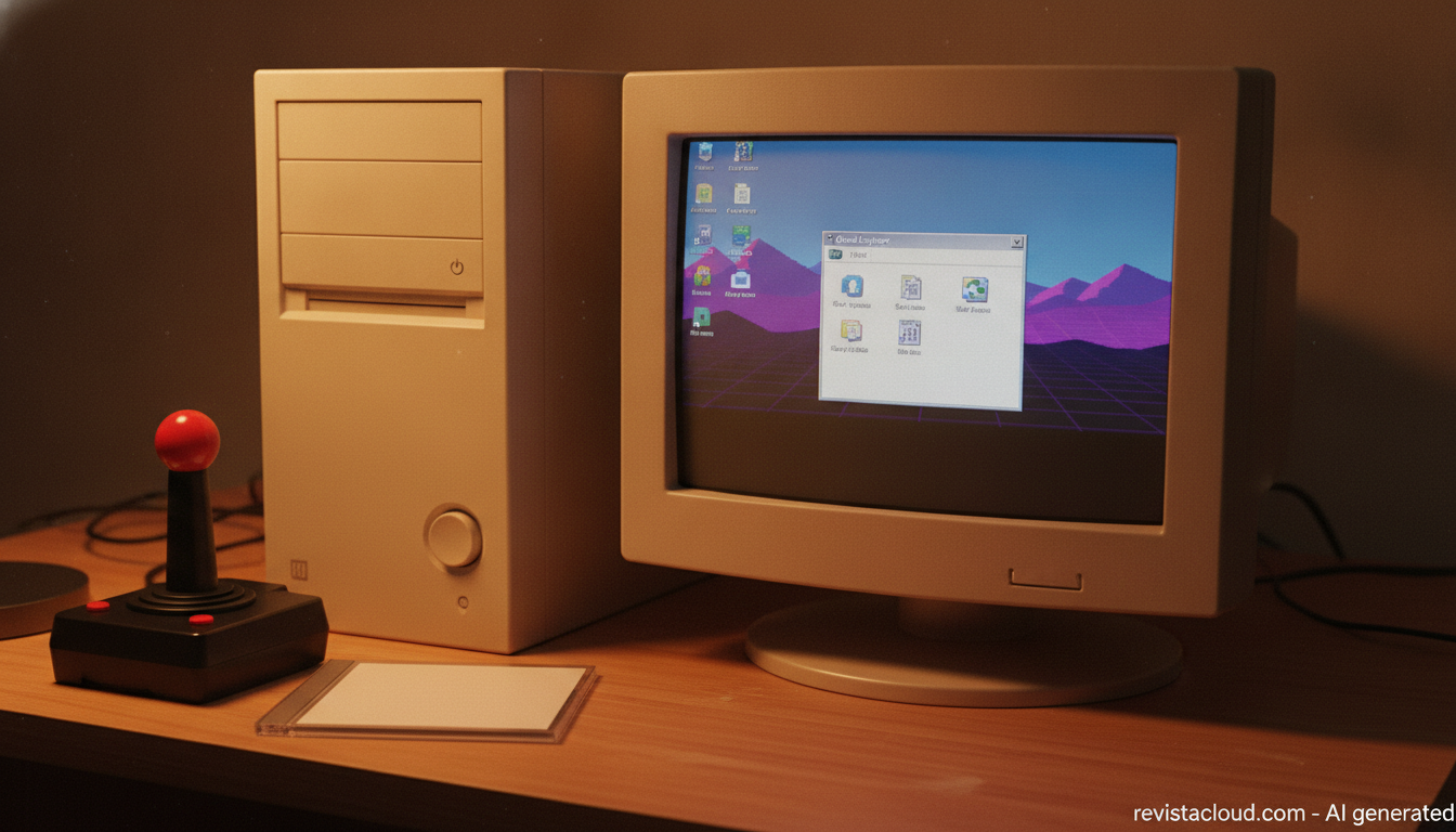 Beige 1990s desktop computer with CRT monitor and joystick