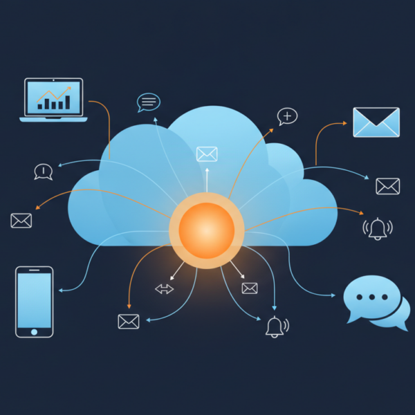 Illustration of a cloud absorbing a multichannel messaging platform, representing Salesforce's acquisition of Braze