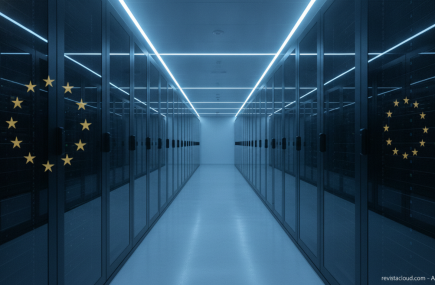 Data center corridor with a circle of stars reflected in the glass