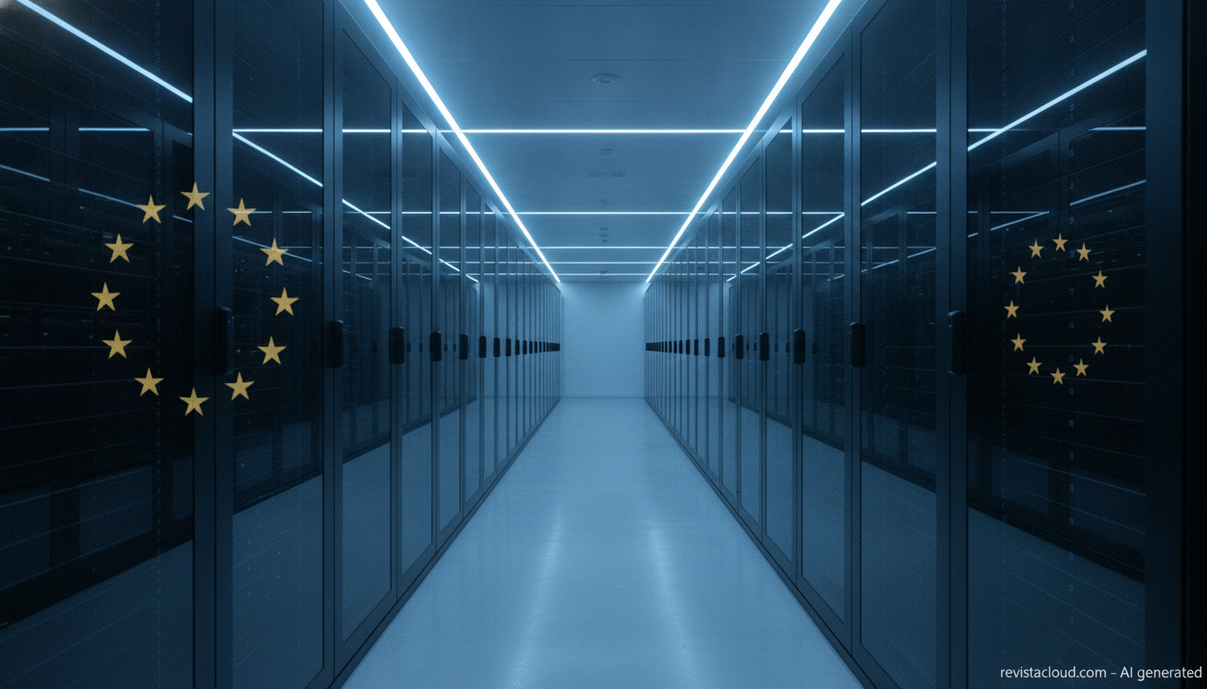 Data center corridor with a circle of stars reflected in the glass
