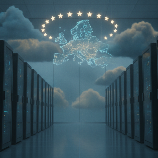 Data center with a map of Europe symbolizing European sovereign cloud
