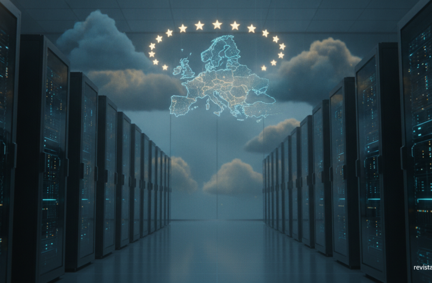 Data center with a map of Europe symbolizing European sovereign cloud