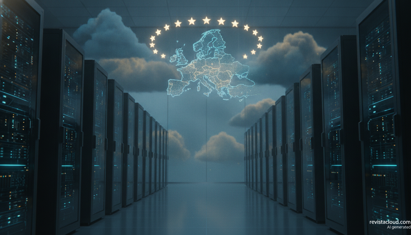 Data center with a map of Europe symbolizing European sovereign cloud