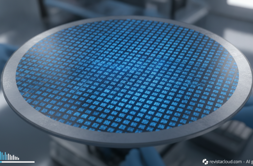 Macro illustration of a silicon wafer with a magnified grid of glowing SRAM memory cells