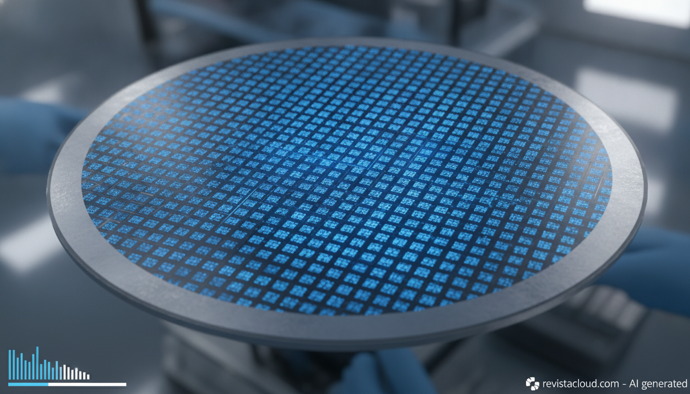 Macro illustration of a silicon wafer with a magnified grid of glowing SRAM memory cells